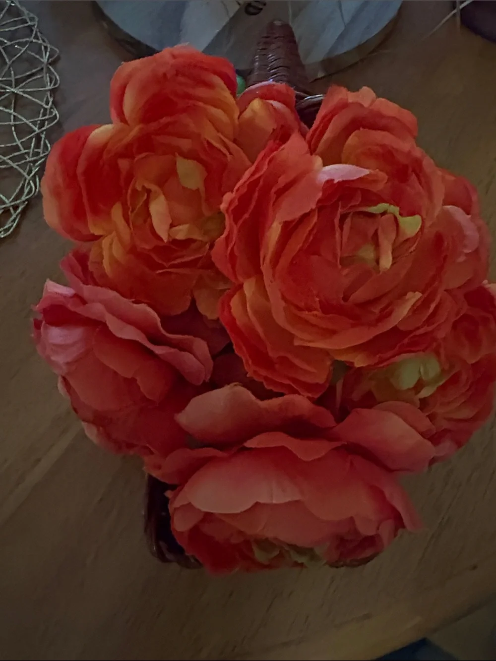 Coral Faux Peony Wicker Cornucopia Table Decor